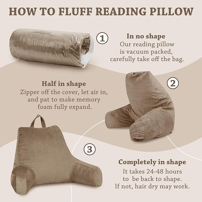 LOVTEX Reading Pillow with Removable Cover, Back Pillow for Sitting Up in Bed with Arms and Pockets, Bed Rest Pillow Adult, 20 x 15 Inches(Brown)