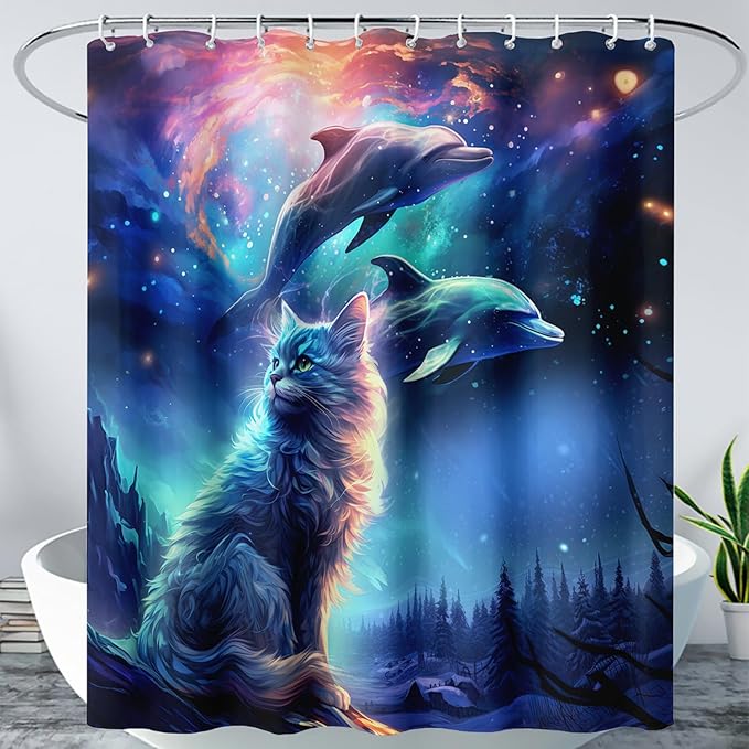 AILONEN 3D Kawaii Cat Shower Curtain Set,Cat Lovers Animal Waterproof Fabric Bath Curtain for Kids Girls,Jumping Dolphin Shower Curtain,Starry Night Shower Curtains for Bathroom Decor, 72" W*78" H