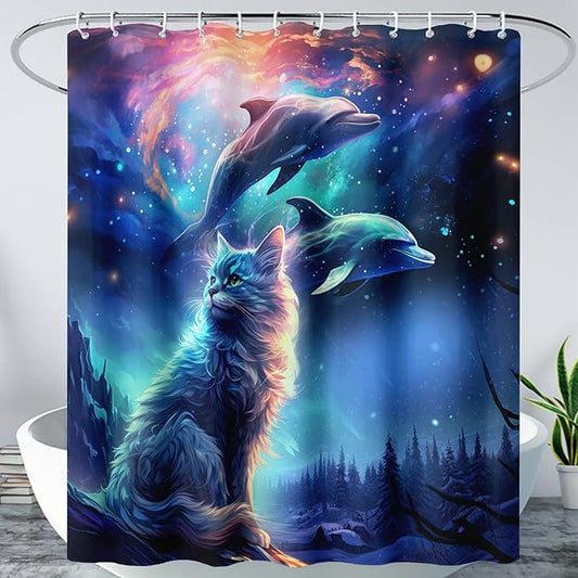 AILONEN 3D Kawaii Cat Shower Curtain Set,Cat Lovers Animal Waterproof Fabric Bath Curtain for Kids Girls,Jumping Dolphin Shower Curtain,Starry Night Shower Curtains for Bathroom Decor, 72" W*78" H