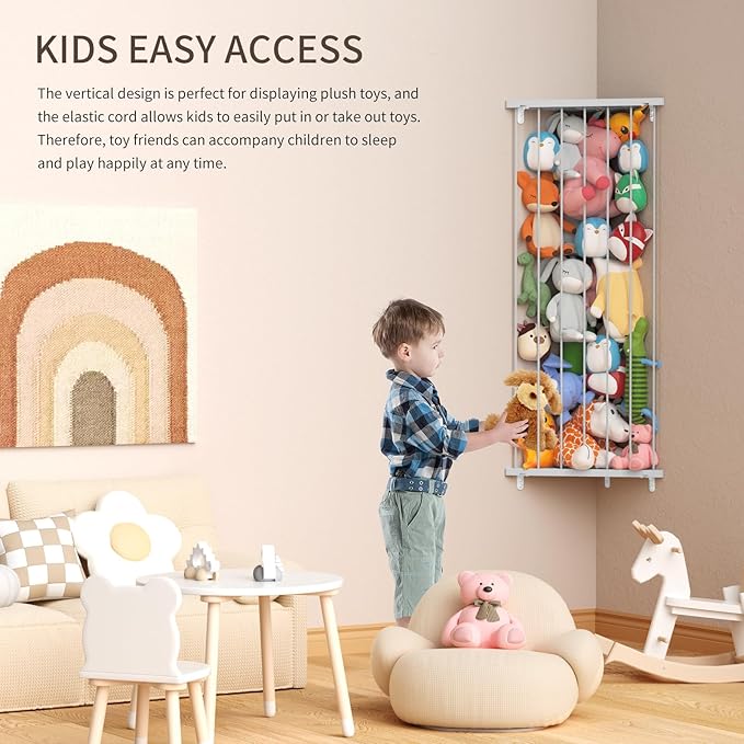 Stuffed Animal Storage Toy Organizer: Corner Stuff Animals Holder for Wall with LED Light - Kids Plush Toys Storage with Adjustable Length for Nursery Playroom Bedroom Kids Room(Gray)