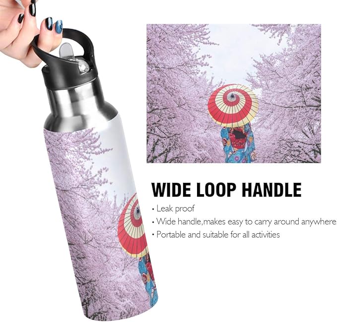 Blueangle Insulated Stainless Steel Water Bottle - Asian Kimono Cherry Blossom - 22 oz Water Bottles Keeps Hot and Cold - Sports Water Bottle Great for Hiking & Biking