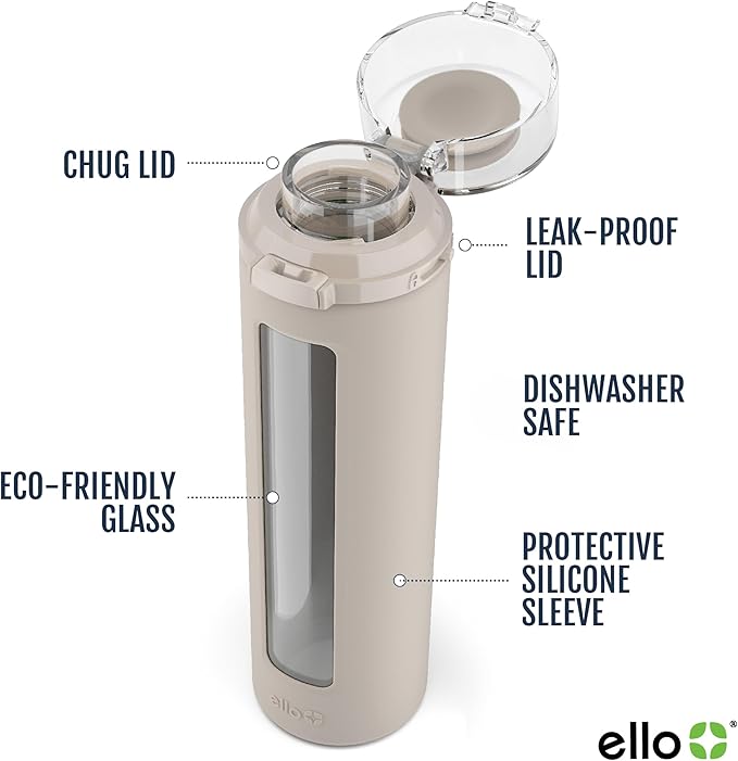 Ello Syndicate Glass Water Bottle with One-Touch Flip Lid and Protective Silicone Sleeve and Carry Loop, BPA Free, Dishwasher Safe,20oz