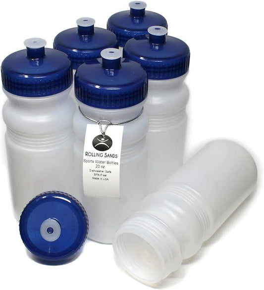 Rolling Sands 20 Ounce Sports Water Bottles 6 Pack, BPA-Free, Made In USA, Dishwasher Safe, Clear Frost Bottles/Navy Lids