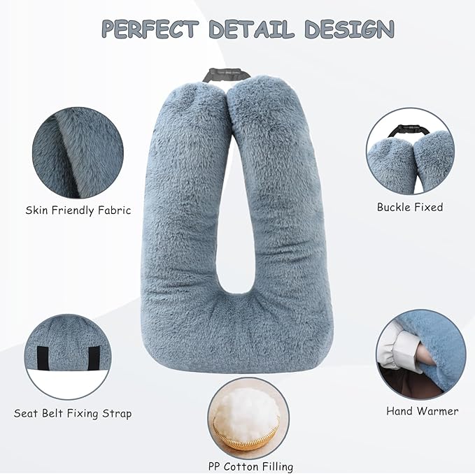 Kids Travel Pillow for Car Seat with Hand Muff, Cartoon Neck & Headrest Seat Belt Pillow for Car Road Trips Long-Distance Travel Sleeping Pillow for Adults and Children, Dark Gray