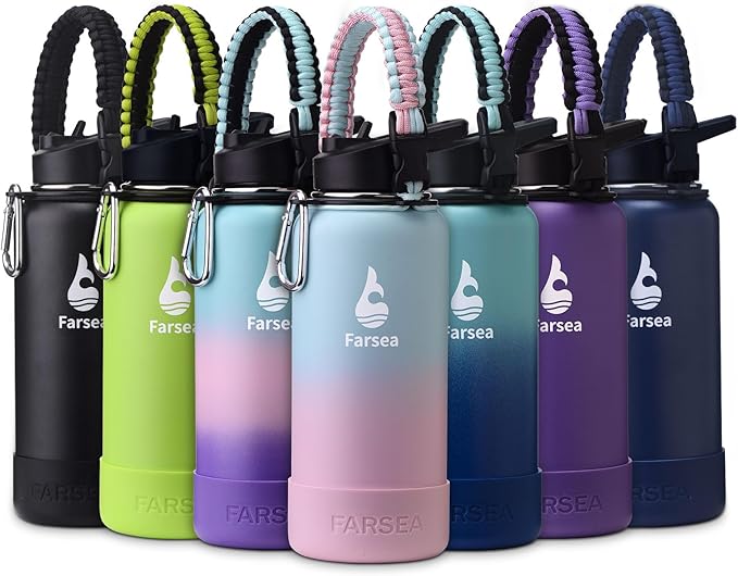 Farsea Insulated Water Bottle With Paracord Handle, Protective Boot and 2 Lids (Straw Lid & Spout Lid), Stainless Steel Water Bottle Wide Mouth, Double Wall Sweat-Proof BPA-Free, 32 oz