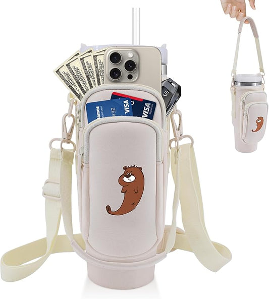 Water Bottle Carrier Bag with Phone Pocket for Stanley 40 oz Tumbler Neoprene Water Bottle Holder Pouch with Adjustable Strap Bollus with Straw Cover & Carabiner for Stanley Cup Accessories