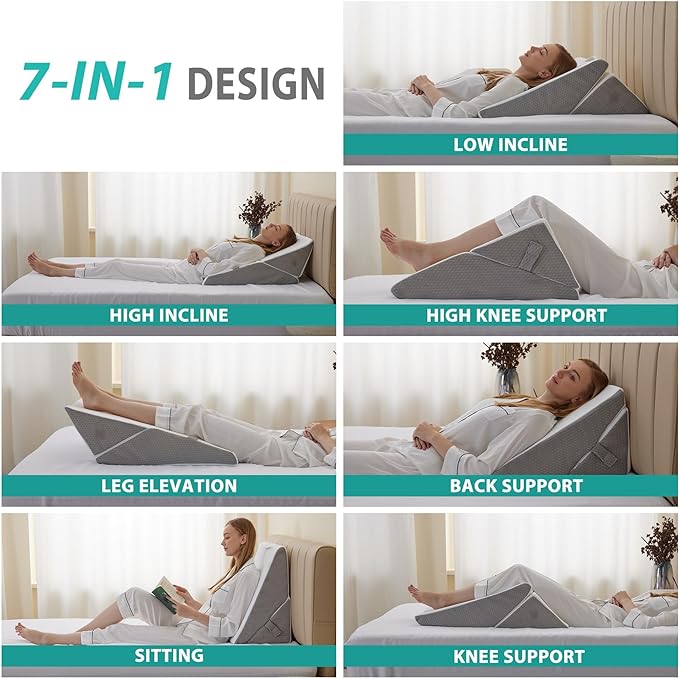 Wedge Pillow for Sleeping, Adjustable 9&12 Inch Foldable Bed Wedge Pillow Set, Orthopedic Memory Foam Triangle Pillow Wedge, 7-in-1 Elevated Pillows for Leg and Back Support, White/Grey