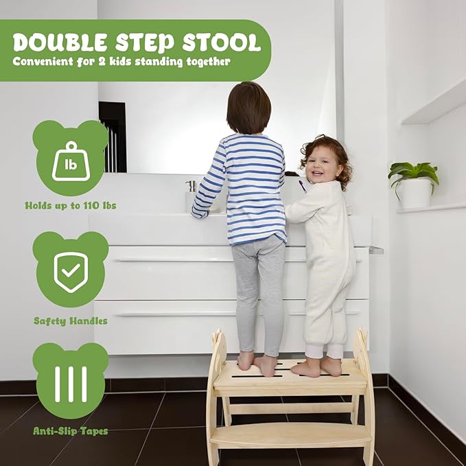 Foldable Step Stool for 2 Toddlers/Twins, Kids Stool with 22.7-Inch Wide Step, Safety Handles, Anti-Slip Strips, Toddler Step Stool for Bathroom Sink, Toilet, Kitchen Wooden 2 Step Stool