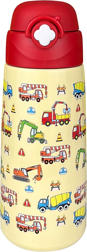 Kids Insulated Water Bottle with Covered Pop-Up Straw,16oz Kids Cups with Stainless Steel Leak Proof for School Boys Girls（Construction）