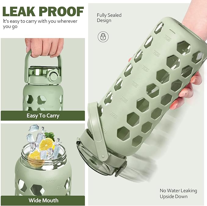 MUKOKO 56oz Glass Water Bottles with Straw and Lid,Motivational Water Jug with Time Marker Reminder and Silicone Sleeve,100% Leakproof BPA Free Fitness Sports Large Bottle-Green