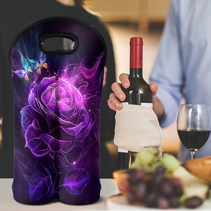 doginthehole Wine Carrier Tote Bag Two Bottle Aesthetic Purple Rose Butterfly Print Neoprene Wine/Water Bottle Holder for Travel with Carry Handle Champagne Bottles Protective Case for Wine Lovers