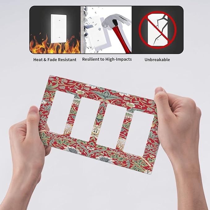 William Morris Strawberry Thief Botanical Red Green 4 Gang Rocker Decora Light Switch Cover Outlet Covers Wall Plate Decorative Switchplate Electrical Faceplate GFCI for Country Bedroom Decor