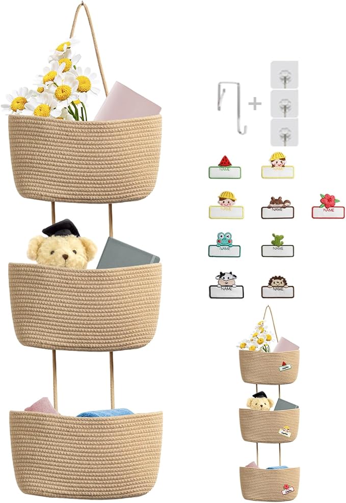 TeoKJ Over the Door Hanging Basket, 3-Tier Woven Cotton Wall-Mounted Storage Organizer Bag Decorative with Self Adhesive Write-On Sticker Hanging Nursery Baskets - Jute