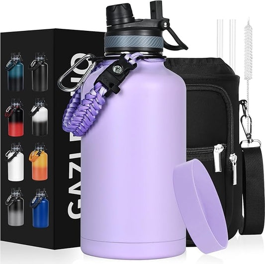Insulated Water Bottle 64 oz, Half Gallon Water Jug Cold 48H, BPA Free Stainless Steel Bottles with Straw/Chug 2-in-1 Lid, Bag, Paracord Handle, Silicone Boot, Sports Gym School Metal Flask