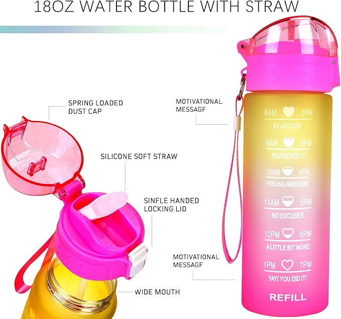 XACIOA Water Bottle with Straw,18oz Plastic Cup with Motivational Time Marker,1L Tritan Sport Lightweight Leakproof BPA-Free,Wide Mouth Fast Flow Ensure You Have Times to Drink,with Straw & Cup Brush