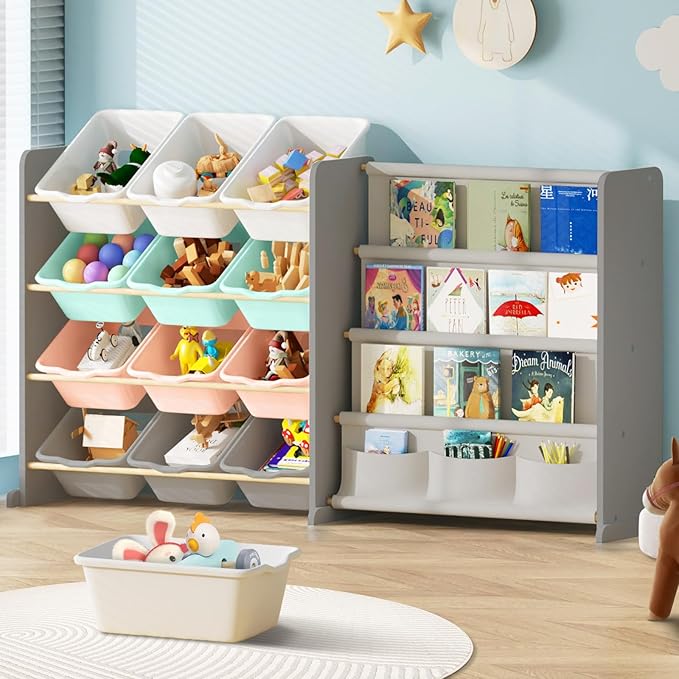 Kids Toy Storage Organizer - Toy Organizer with Kids Bookshelf, Toy Storage with 12 Toy Multi-Color Bins and 4 Book Shelves, Toy Organizers and Storage for Playroom, Nursery, Kids Room, Grey