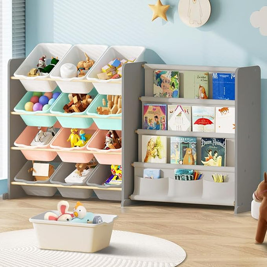 Kids Toy Storage Organizer - Toy Organizer with Kids Bookshelf, Toy Storage with 12 Toy Multi-Color Bins and 4 Book Shelves, Toy Organizers and Storage for Playroom, Nursery, Kids Room, Grey