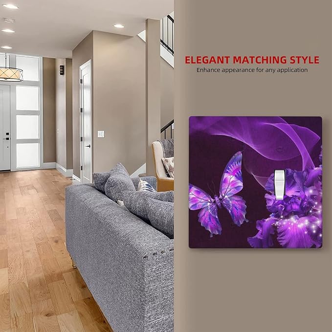 Purple Butterfly Flower Combo Single Blank 1 Single Toggle Light Switch Wall Plate Cover Decorative 2-Gang for Electrical Girls Room Bathroom Bedroom Home Kitchen One Receptacle 4.5" x 4.6"