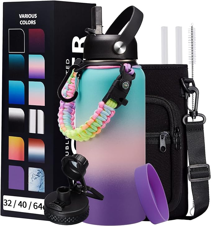 Insulated Stainless Steel Water Bottle - 32oz 40oz 64oz Water Bottles with Straw & Spout Lids, Paracord Handle and Carrier Pouch, Workout Water Flask Bottle for Women Men Sport Outdoor Activities