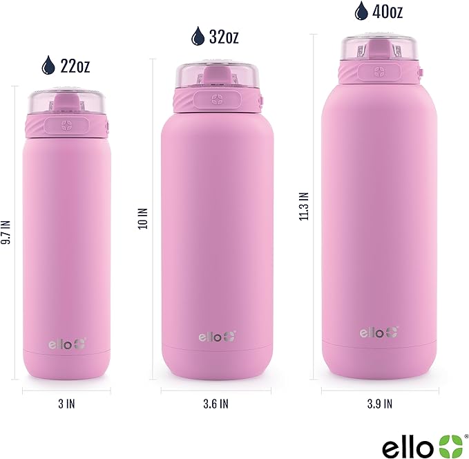 Ello Cooper 40oz Stainless Steel Water Bottle with Straw and Carry Handle, Double Walled and Vacuum Insulated Metal, Leak Proof Locking Lid with Soft Silicone Spout, Reusable, BPA Free, Bubblegum