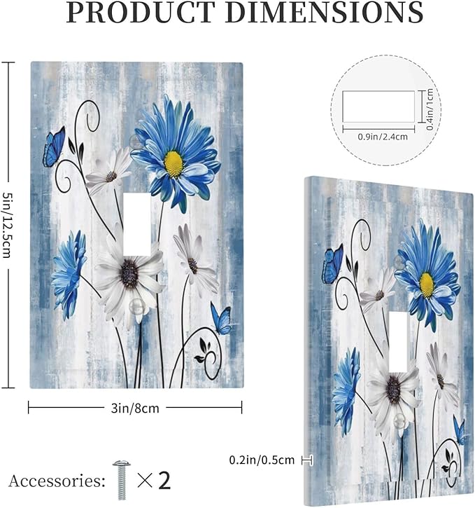 Rustic Teal Blue Daisy Floral 1 Gang Light Switch Covers Single Toggle Wall Plate Decorative Switchcover Electrical Switchplate for Country Bathroom Bedroom Kitchen Decor