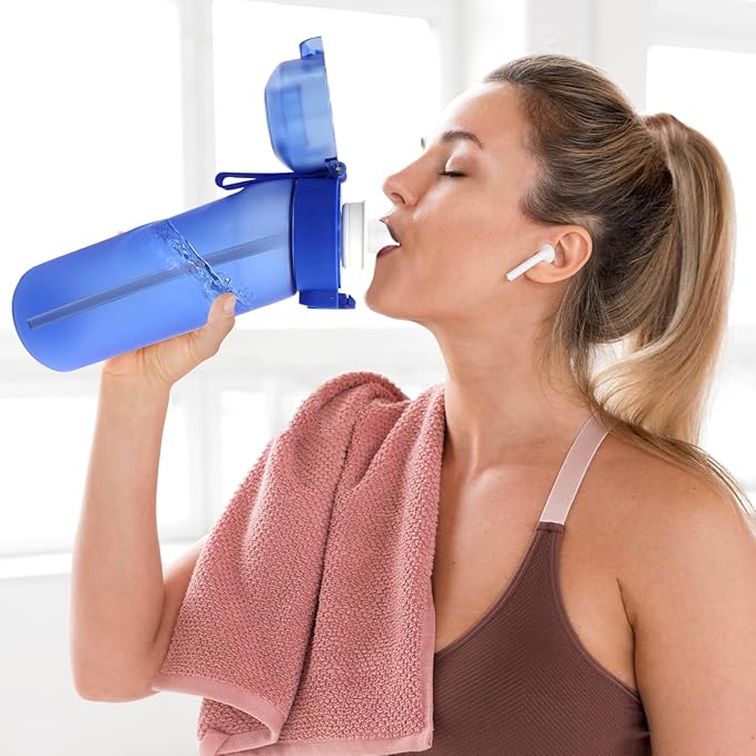 Water Bottle with Flavor Pods 21.9 Oz/650ml Fruit Fragrance Water Bottle Recyclable Sports Air Water Cup Scented Pods for Outdoor (Deep Blue)