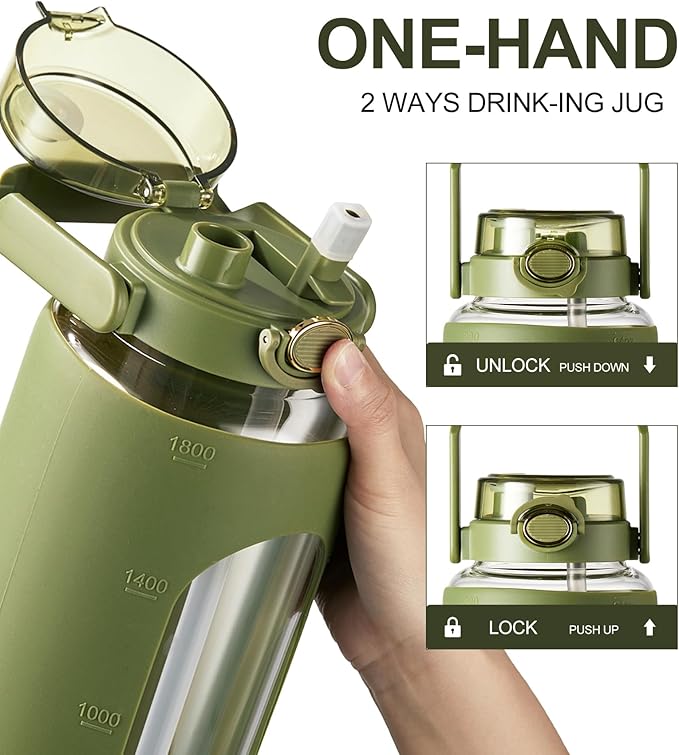 TKK 64 OZ Glass Water Bottle with Straw and Handle Half Gallon Bottle with Silicon Sleeve 2L Sports Water Bottles for Fitness, Gym, Workout, Workout - Olive