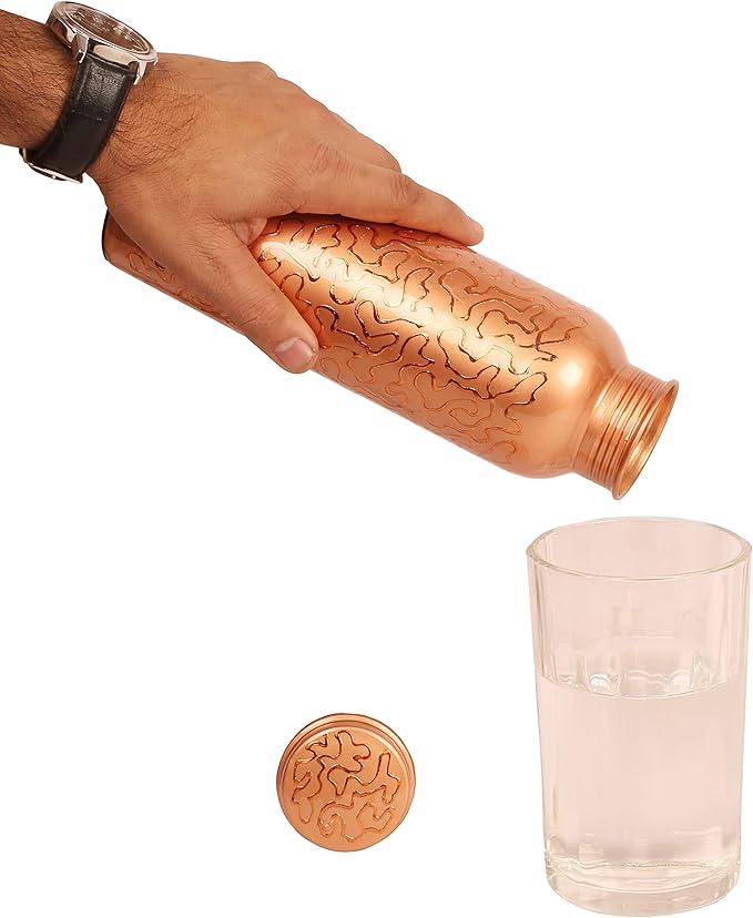 Pure Copper Water Bottle - Handcrafted - Ayurveda health benefits - Large 35 oz - Leak proof - Easy to carry for Sports, Fitness, Yoga, School -Glade Pattern Natural Copper Finish
