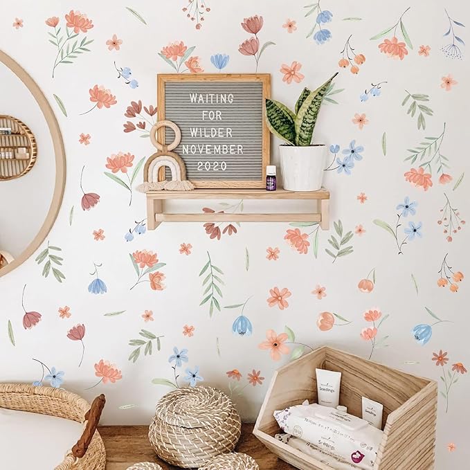 Boho Floral Wall Decals Small Flower Leaf Wall Stickers Watercolor Wildflower Botanical Plant Leaves Wall Stickers Removable Boho Flower Wall Decals for Nursery Kids Room Girls Bedroom Decor