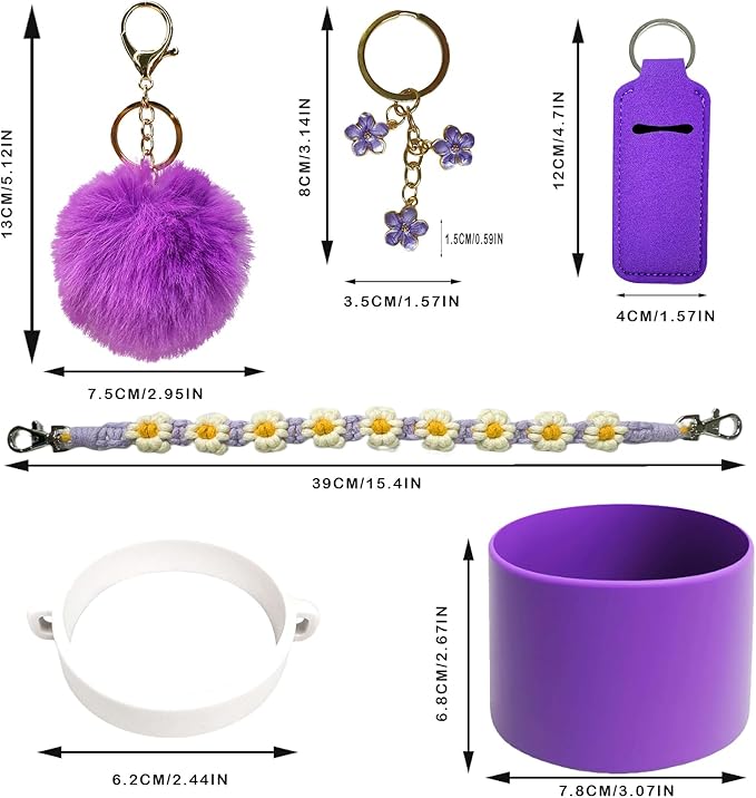 Water Bottle Accessories Set Compatible with Owala 24oz 32oz Including Water Bottle Handle Strap, Water Bottle Boot, Lipstick Bag, Pompom Ball, Daisy Key-chain, Compatible with Owala FreeSip.