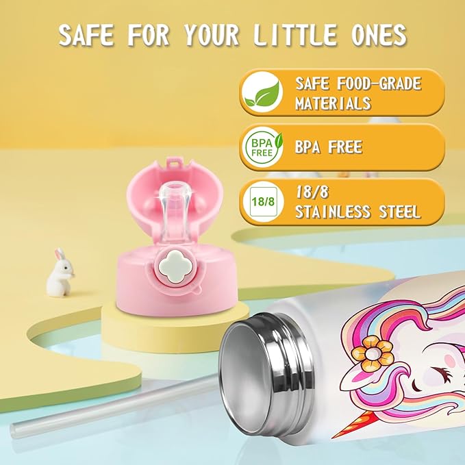 Kids Insulated Water Bottle with Covered Pop-Up Straw,16oz Kids Cups with Stainless Steel Leak Proof for School Boys Girls（Vehicle）