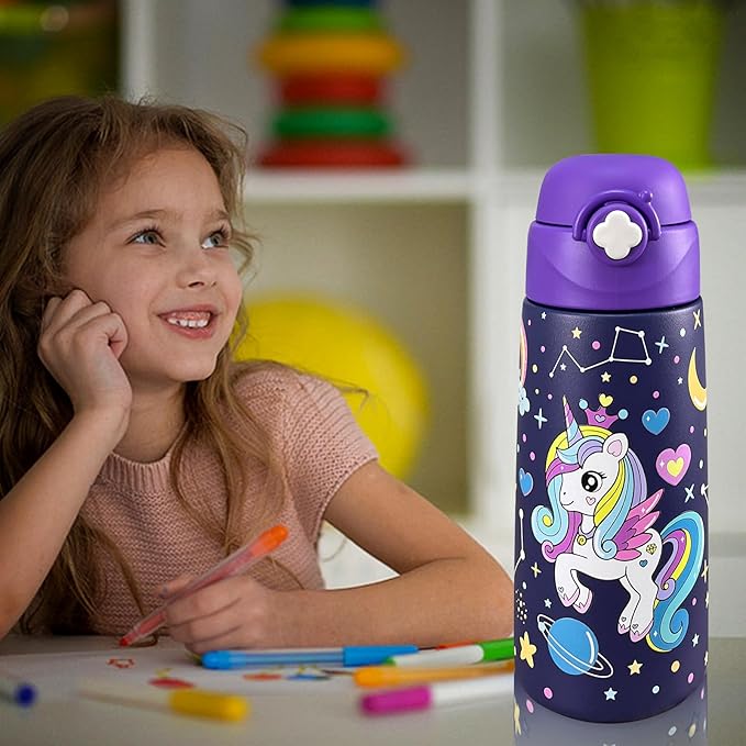 Kids Insulated Water Bottle with Covered Pop-Up Straw,16oz Kids Cups with Stainless Steel Leak Proof for School Boys Girls（Purple Unicorn）