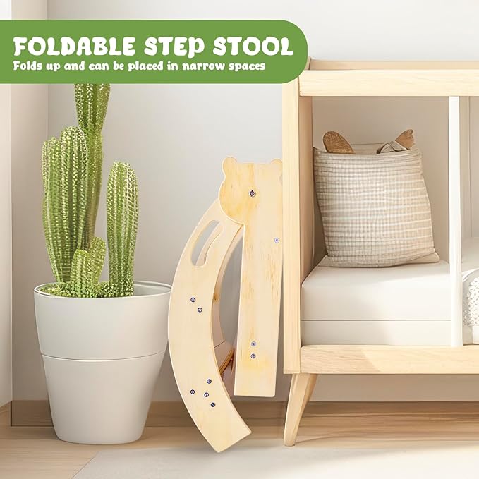 Foldable Step Stool for Toddlers, Kids Stool with 14.9-Inch Wide Step, Safety Handles, Anti-Slip Strips, Toddler Step Stool for Bathroom Sink, Toilet, Kitchen Wooden 2 Step Stool