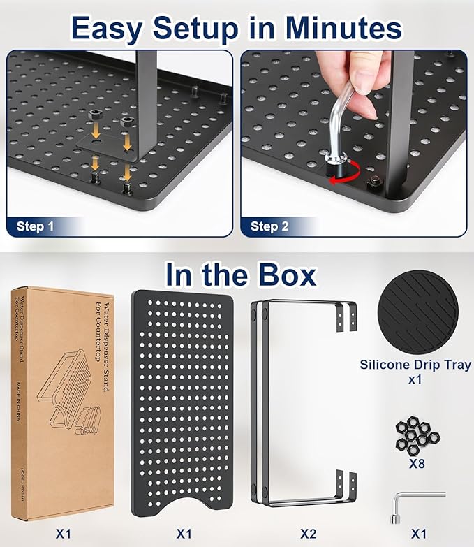 Water Filter Dispenser Stand with Drip Tray - 7.7''W x 14.6''D x 6.7''H, Metal Stand Designed For Brita Water Filter, Compatible with ZeroWater, PUR, Waterdrop etc.