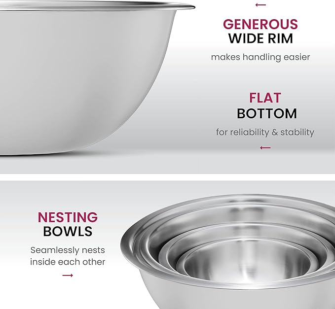 FineDine Stainless Steel Mixing Bowls (Set of 5) Stainless Steel Mixing Bowl Set - Easy To Clean, Nesting Bowls for Space Saving Storage, Great for Cooking, Baking, Prepping
