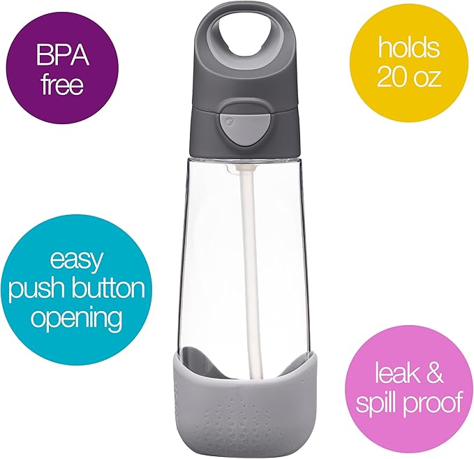 b.box 20oz Tritan Straw Bottle: Large Kids Water Bottle with Flip Straw for School, Daycare. Spill Proof, Leak Proof, Dishwasher Safe, BPA Free (Graphite, 20 oz)