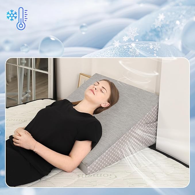 Wedge Pillow for Sleeping, 12 Inch Cooling Triangle Bed Pillow with Removable Cover, Elevated Body Pillow Wedge for Back Support, After Leg Surgery, Snoring, Acid Reflux, Grey