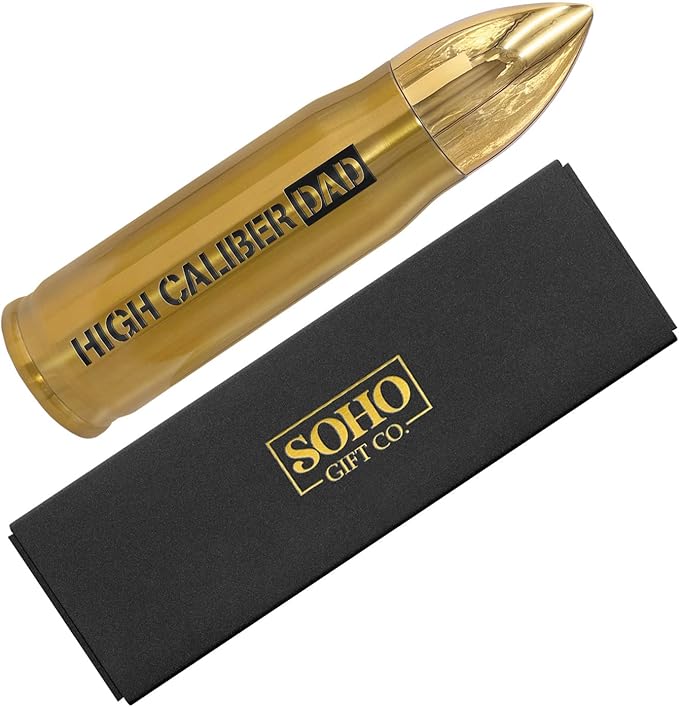 Water Bottle Gift for Dad for Christmas/Fathers Day "High Caliber Dad" Hot/Cold Insulated Stainless Steel 17oz Travel Bottle with Locking Lid (Boxed)