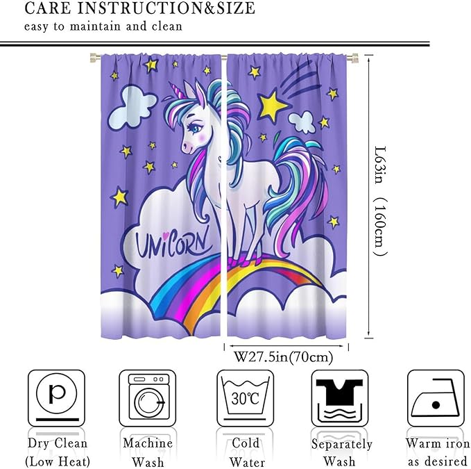 Kids Unicorn Curtains Purple Cartoon Rainbow Cartoon Room Blackout Curtains Boys Girls Baby Room Decor Curtains Living Room Decor 55x63 Inch 2 Panels