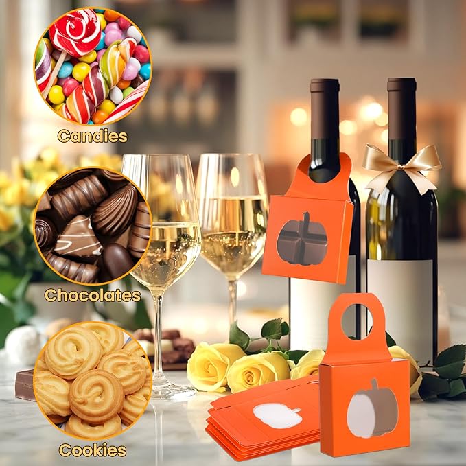 Megitzuu 30PCS Wine Bottle Box with Window, Kraft Paper Wine Boxes for Halloween Gifts Hanging Pumpkin Treat Box Mini Charcuterie Boxes Wine Bottles Gift Bags Goodies Candy Box Party Favor (Orange)