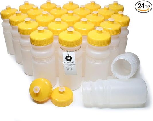 Rolling Sands 20 Ounce Sports Water Bottles 24 Pack, BPA-Free, Made in USA, Dishwasher Safe, Clear Frost/Yellow