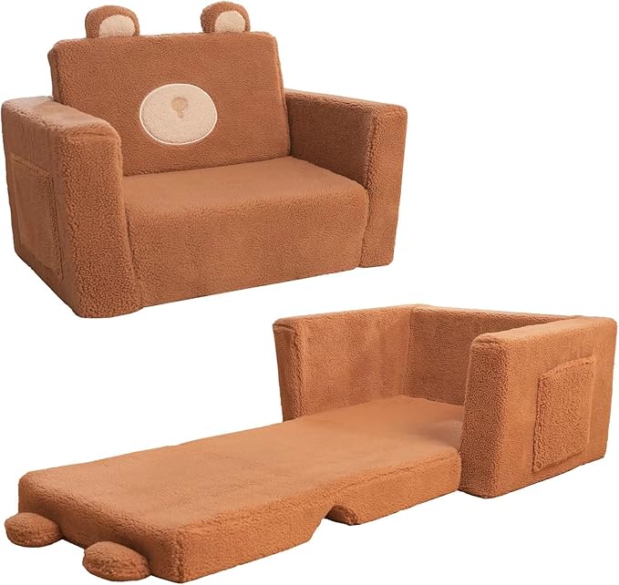 LonSEA Furniture, Teddy Bear, Baby Chair for Toddler, Toddler Bed, Convertible Sofa to Lounger - Comfy 2-in-1 Flip Open Couch/Sleeper for Kids, Toddler Cot, Light Brown
