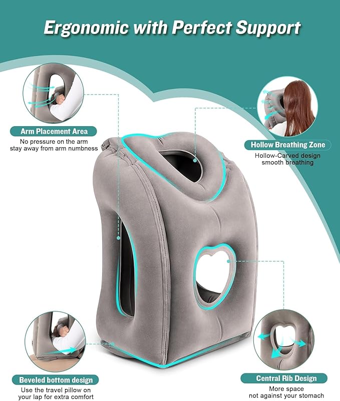 JefDiee Inflatable Travel Pillow for Airplanes, Airplane Neck Pillow Comfortably Supports Head and Chin for Airplanes, Trains, Cars and Office Napping (Grey)