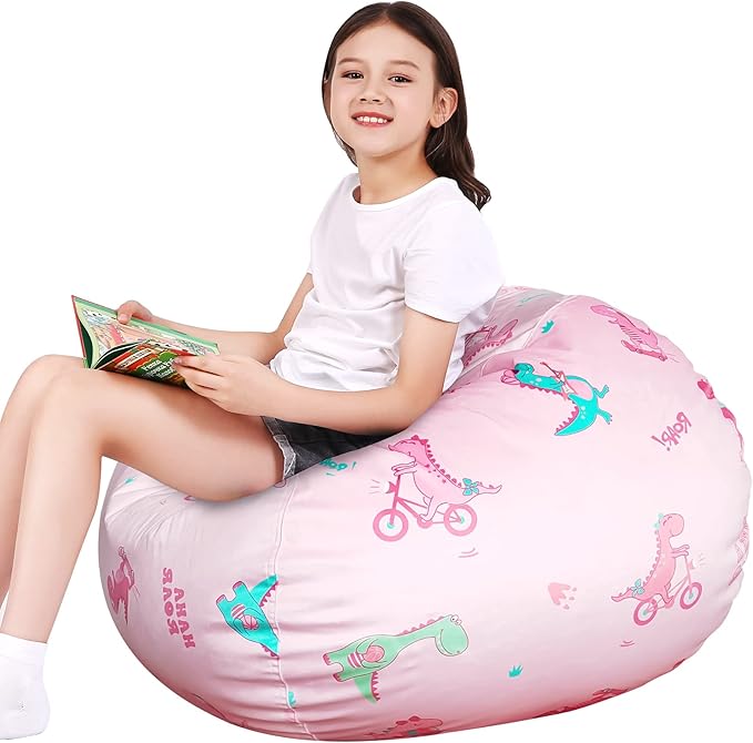 Lukeight Stuffed Animal Storage Bean Bag Chair Cover for Kids, Dinosaur Zipper Beanbag Chair Cover for Organizing Toddler and Kids' Rooms Plush Toys (Dino Pink, X-Large)