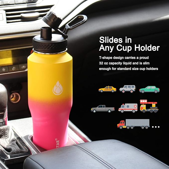 SENDESTAR Water Bottle 32oz,2 Lids(Straw lid),Wide Mouth Stainless Steel Vacuum Insulated Double Wall Keep Liquids Cold or Hot All Day,Sweat Proof Sport Design,Fit Car Cup Holder(Yelow&Pink)