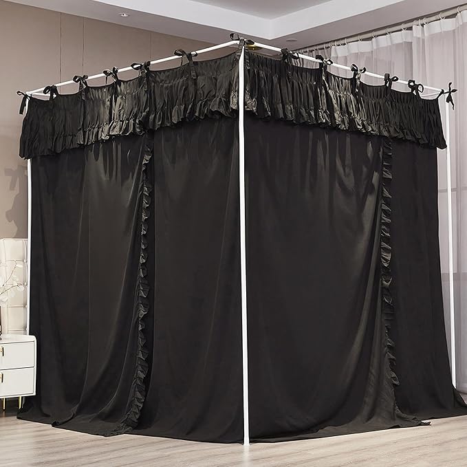 Ruffle Lace up 4 Corners Post Princess Curtain Bed Canopy Cozy Breathable Mosquito Net Cloth for Girls Adults Bedroom Decoration (Black, 53" W*78" L*82" H/Full)