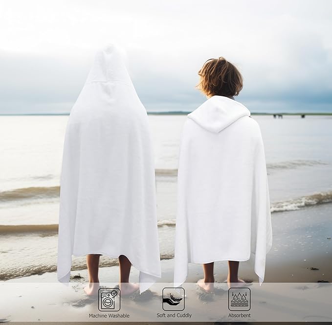 Hooded Bath Towel Wrap -Super Zero Twist 100% Cotton Large Oversized Hooded Kids Towel - Toddler Shower Pool Beach Towel - Super Soft Absorbent Quick Dry Easy Care Gift - 30 x 54 - White