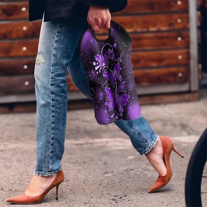 doginthehole Wine Tote Carrier Bag Purple Butterfly Print Neoprene Champagne Bottle Protective Sleeve Reusable Wine Bottle Bag Double Wine Carry Bag for Travel Picnic Dinner