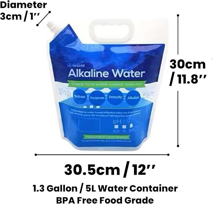 Bulk LOT - 5L / 1.3 Gallon Foldable Alkaline PH Water Bags - Collapsible Emergency Water Jug Container Bag, Freezable, BPA Free Plastic Water Carrier Tank, Outdoor Folding Water Bag Food Grade (10)