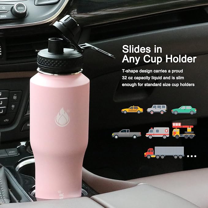 SENDESTAR Water Bottle 32oz,2 Lids(Straw lid),Wide Mouth Stainless Steel Vacuum Insulated Double Wall Keep Liquids Cold or Hot All Day,Sweat Proof Sport Design,Fit Car Cup Holder(Peach)
